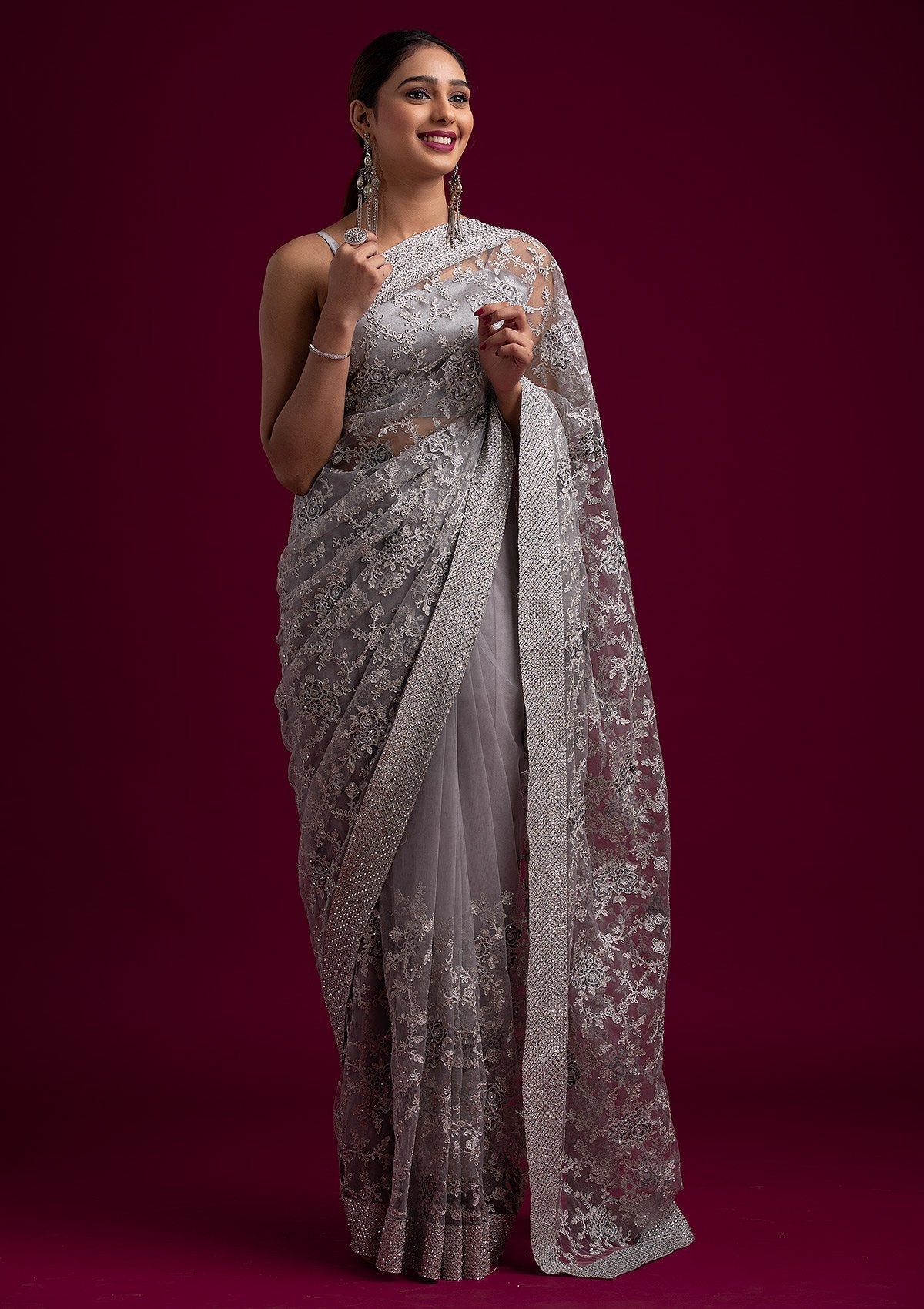 kosariii✴︎ Buy Grey Zariwork Art Silk Saree - Koskii