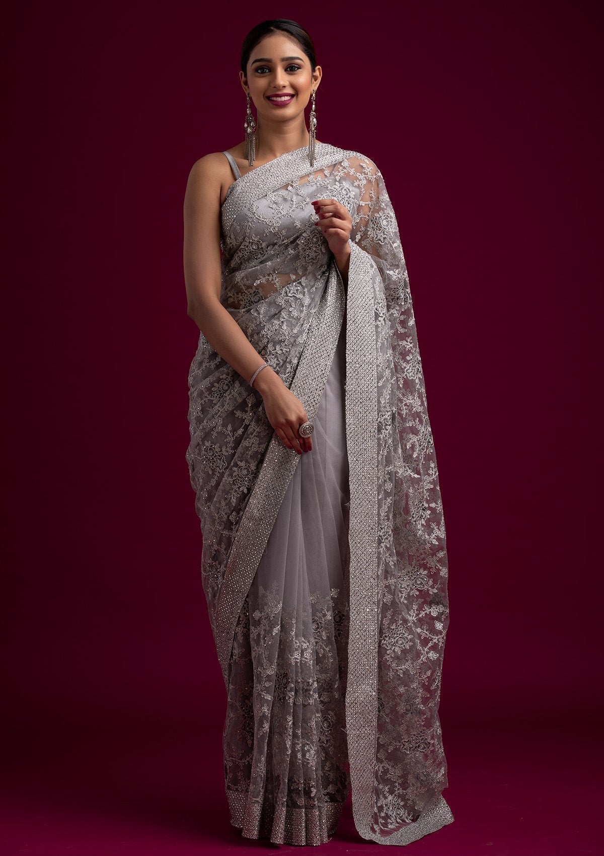 kosariii✴︎ Buy Grey Zariwork Art Silk Saree - Koskii