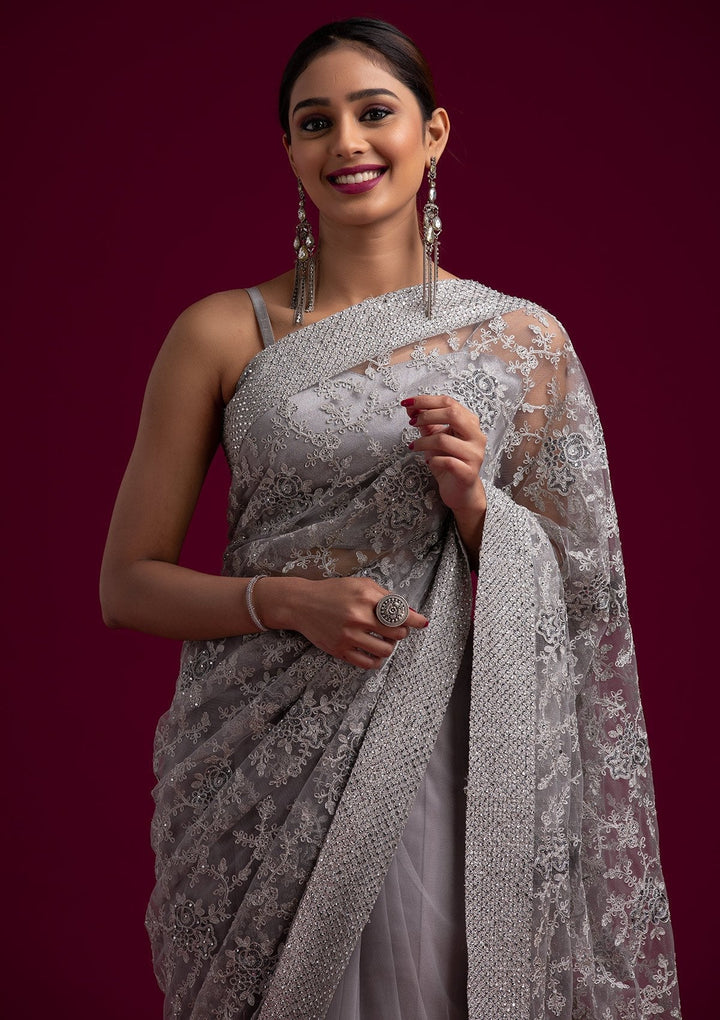 Light Grey Silver Zariwork Net Designer Saree - koskii