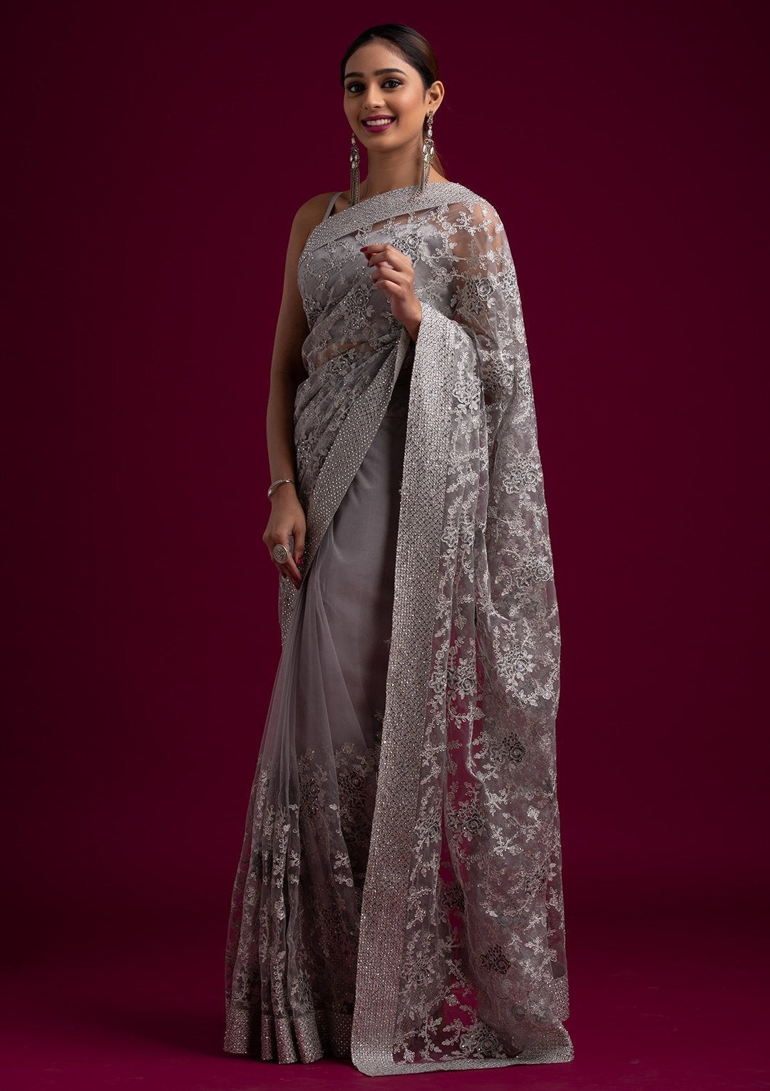 Light Grey Silver Zariwork Net Designer Saree - koskii