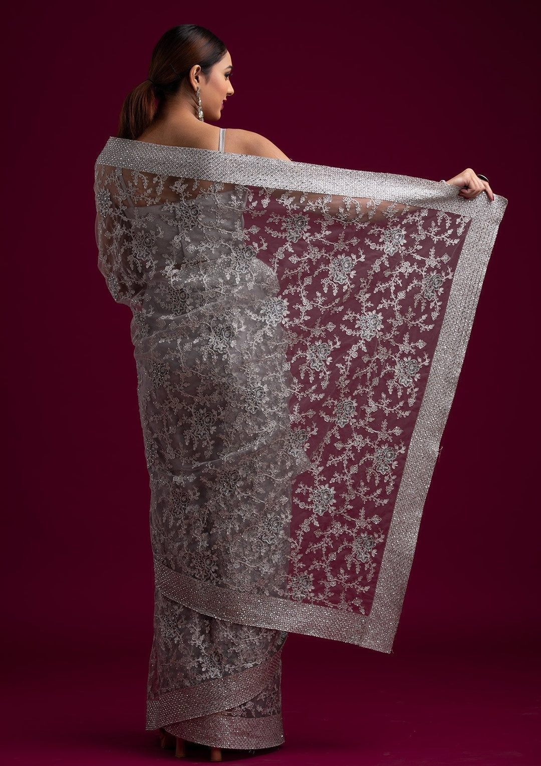Light Grey Silver Zariwork Net Designer Saree - koskii