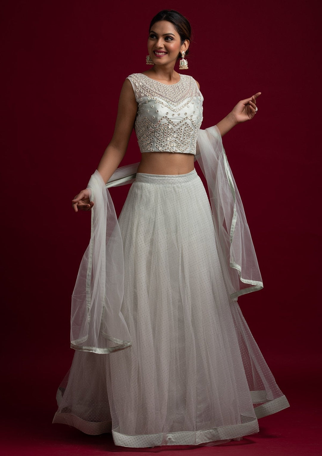 Light Grey Pearlwork Net Designer Lehenga - koskii