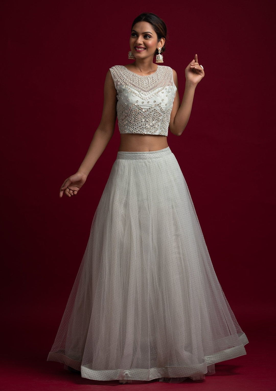 Light Grey Pearlwork Net Designer Lehenga - koskii