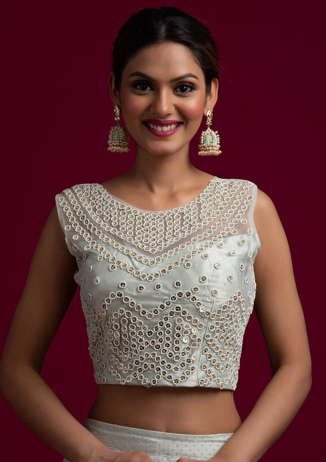 Light Grey Pearlwork Net Designer Lehenga - koskii