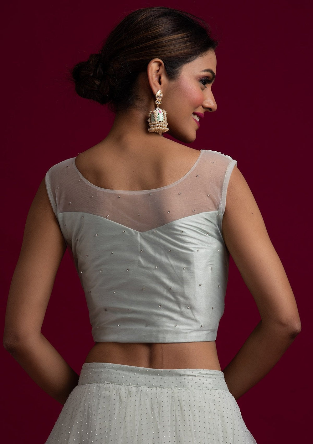 Light Grey Pearlwork Net Designer Lehenga - koskii