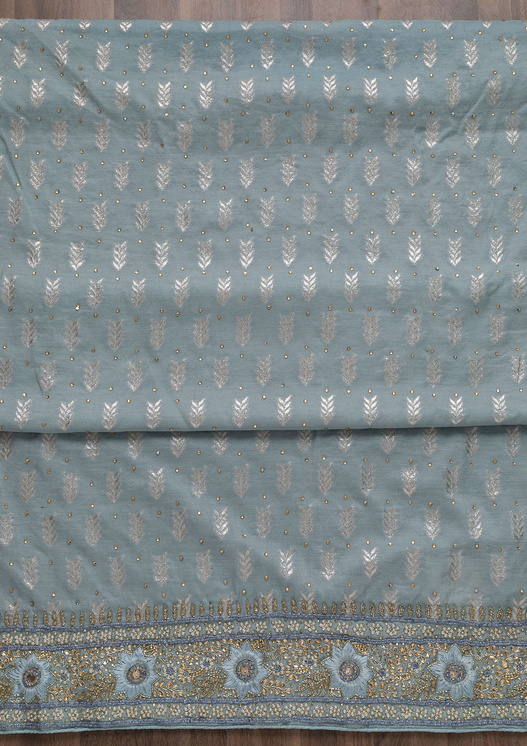 Light Grey Pearlwork Raw Silk Unstitched Salwar Suit-Koskii
