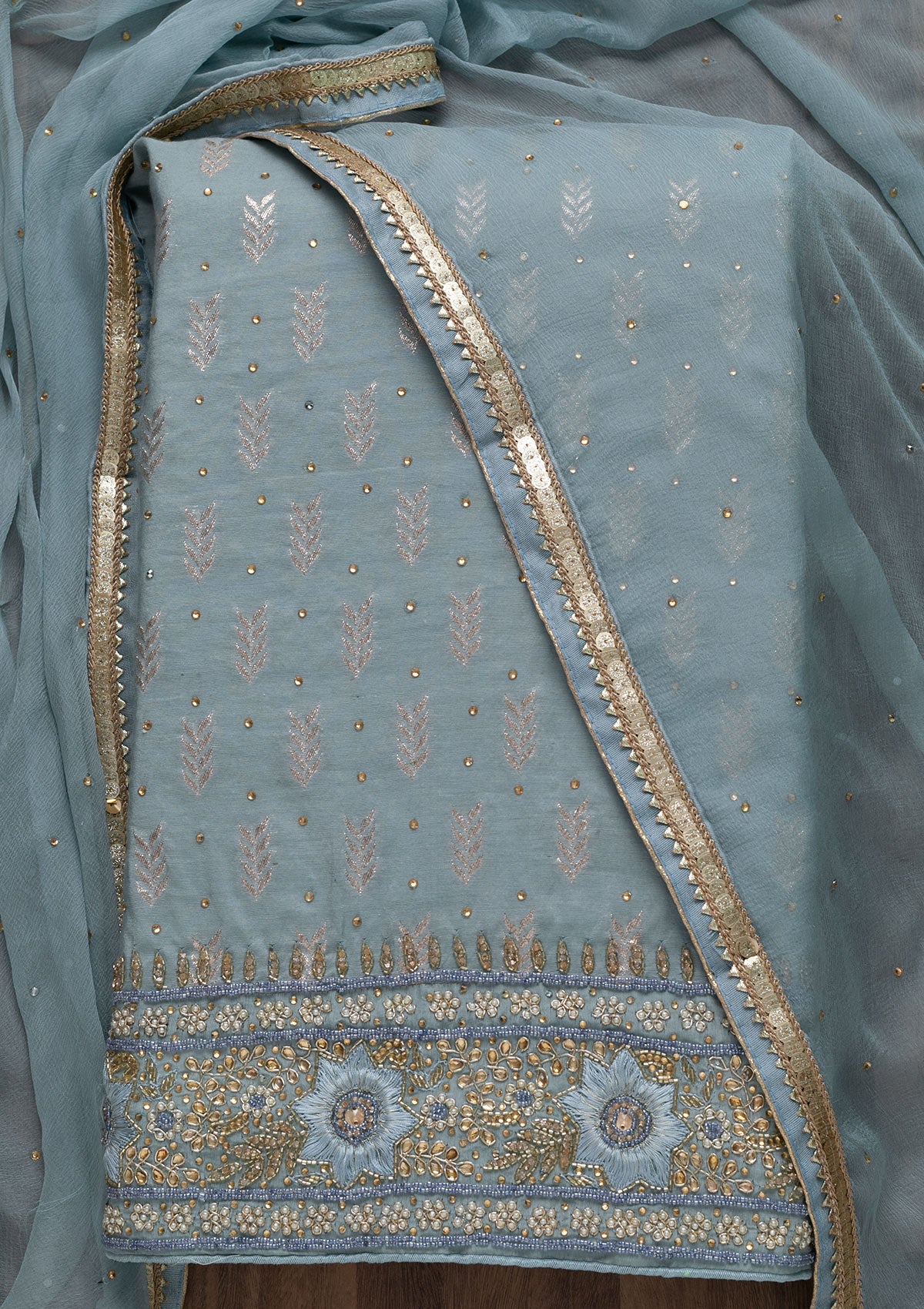 Light Grey Pearlwork Raw Silk Unstitched Salwar Suit-Koskii