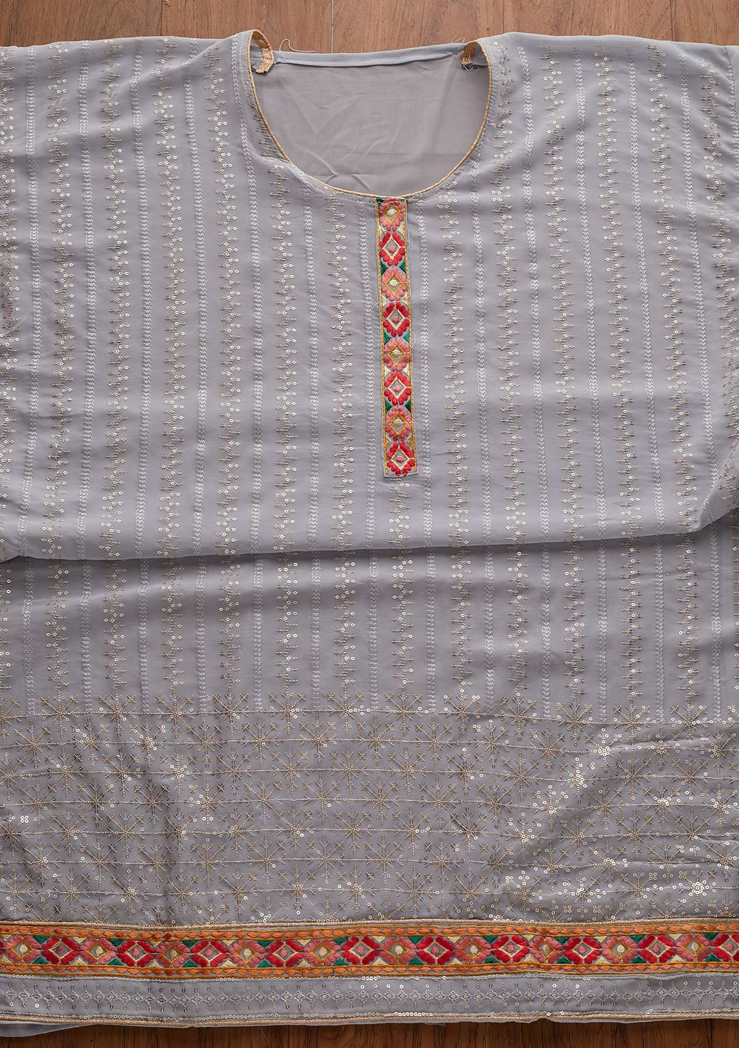 Light Grey Sequins Georgette Designer Semi-Stitched Salwar Suit - Koskii
