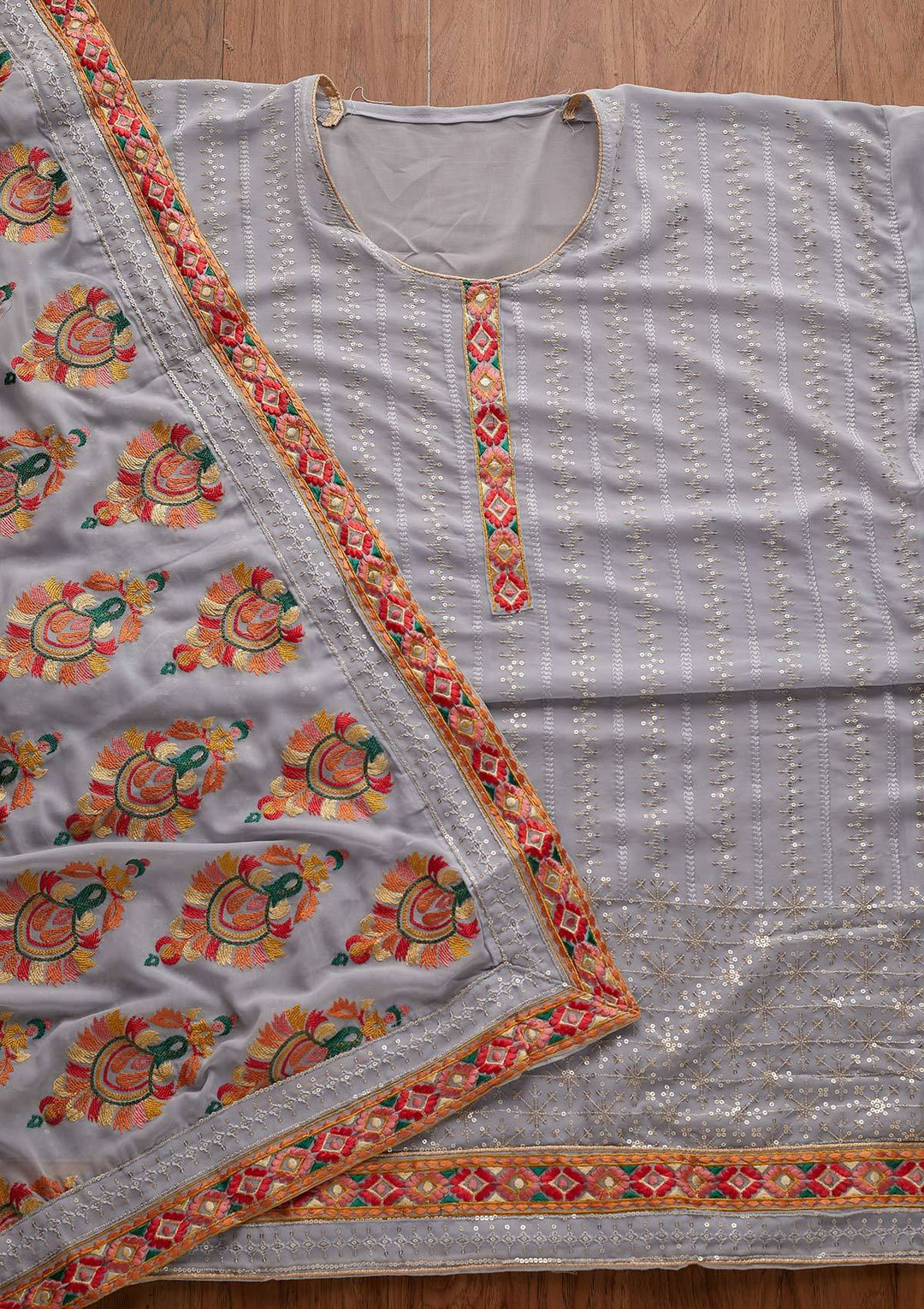 Light Grey Sequins Georgette Designer Semi-Stitched Salwar Suit - Koskii