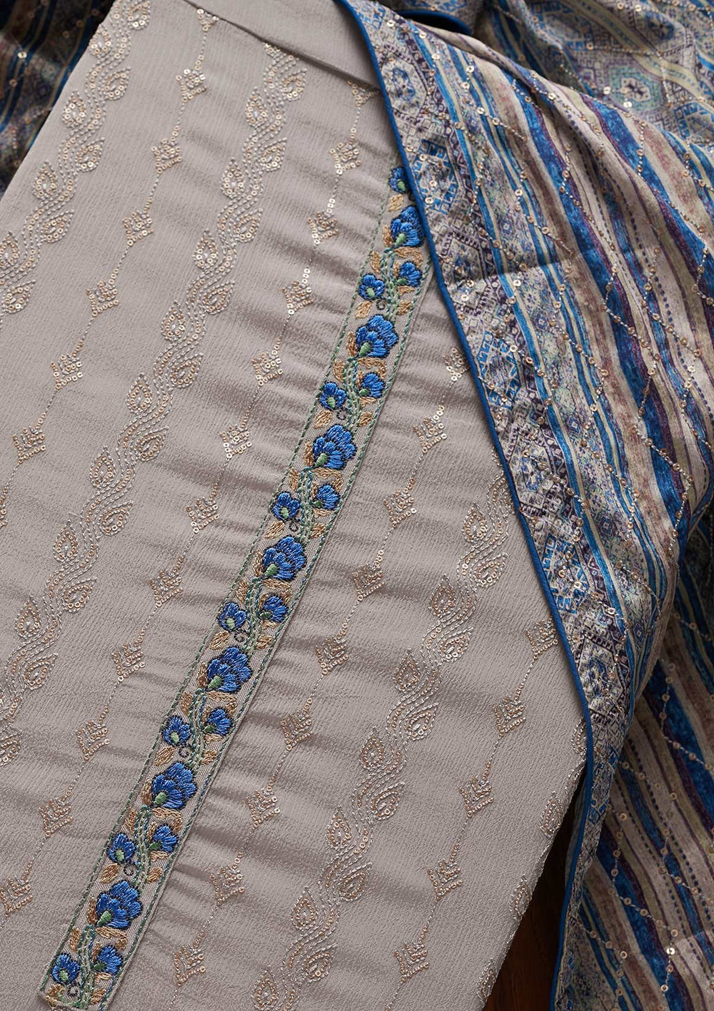 Light Grey Sequins Georgette Designer Unstitched Salwar Suit - koskii