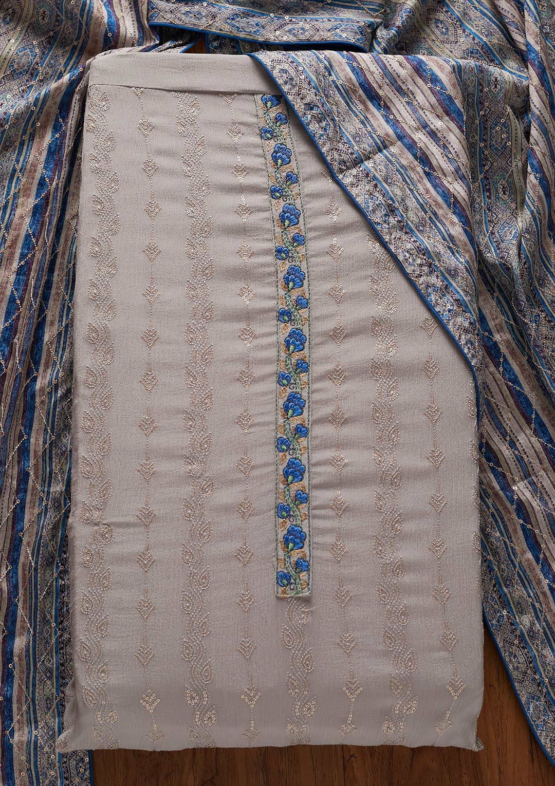 Light Grey Sequins Georgette Designer Unstitched Salwar Suit - koskii