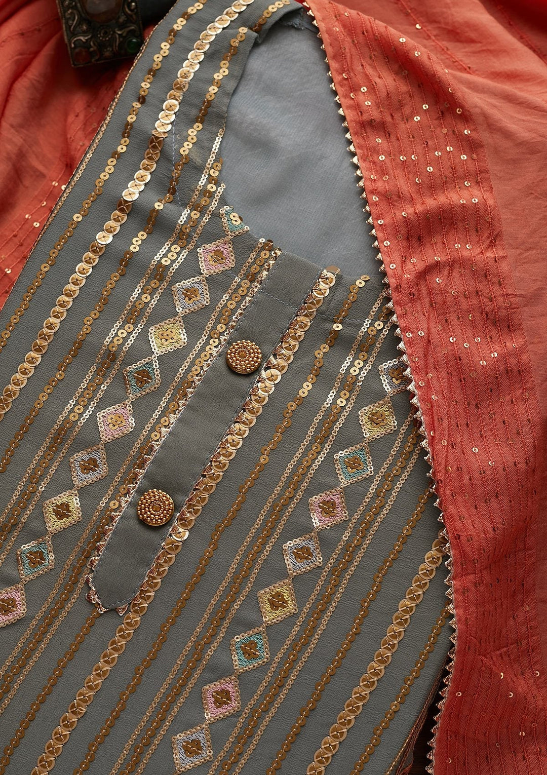 Light Grey Sequins Georgette Designer Unstitched Salwar Suit - Koskii