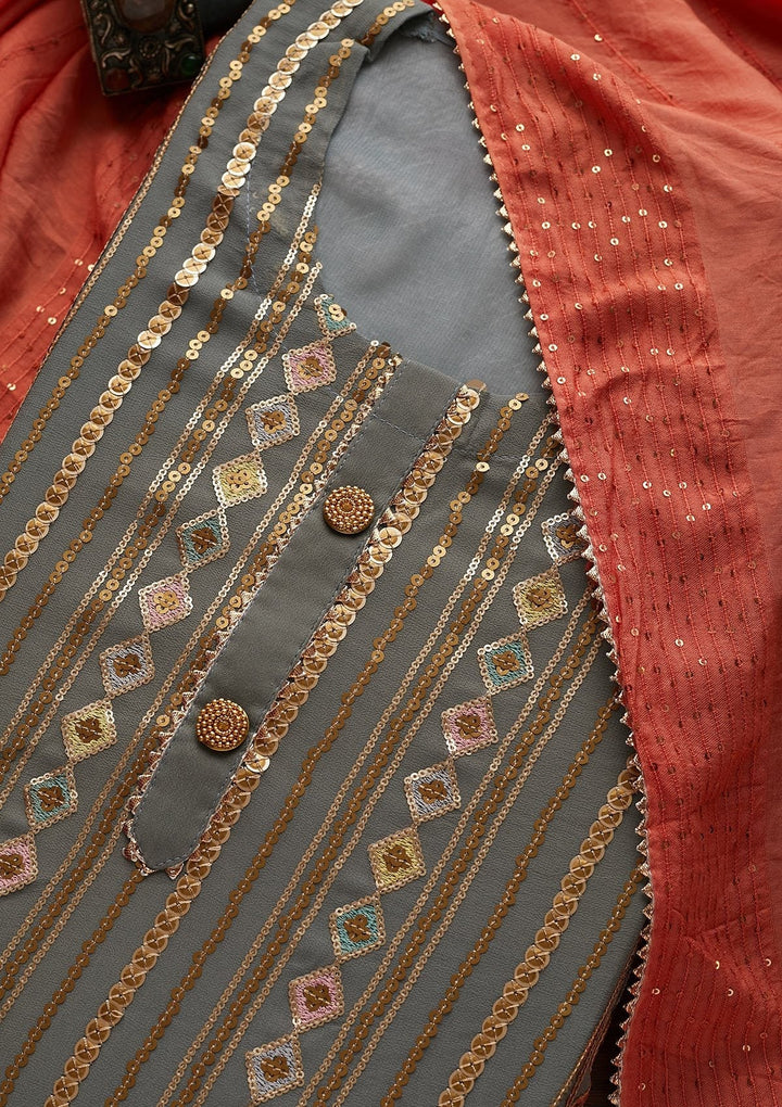 Light Grey Sequins Georgette Designer Unstitched Salwar Suit - Koskii