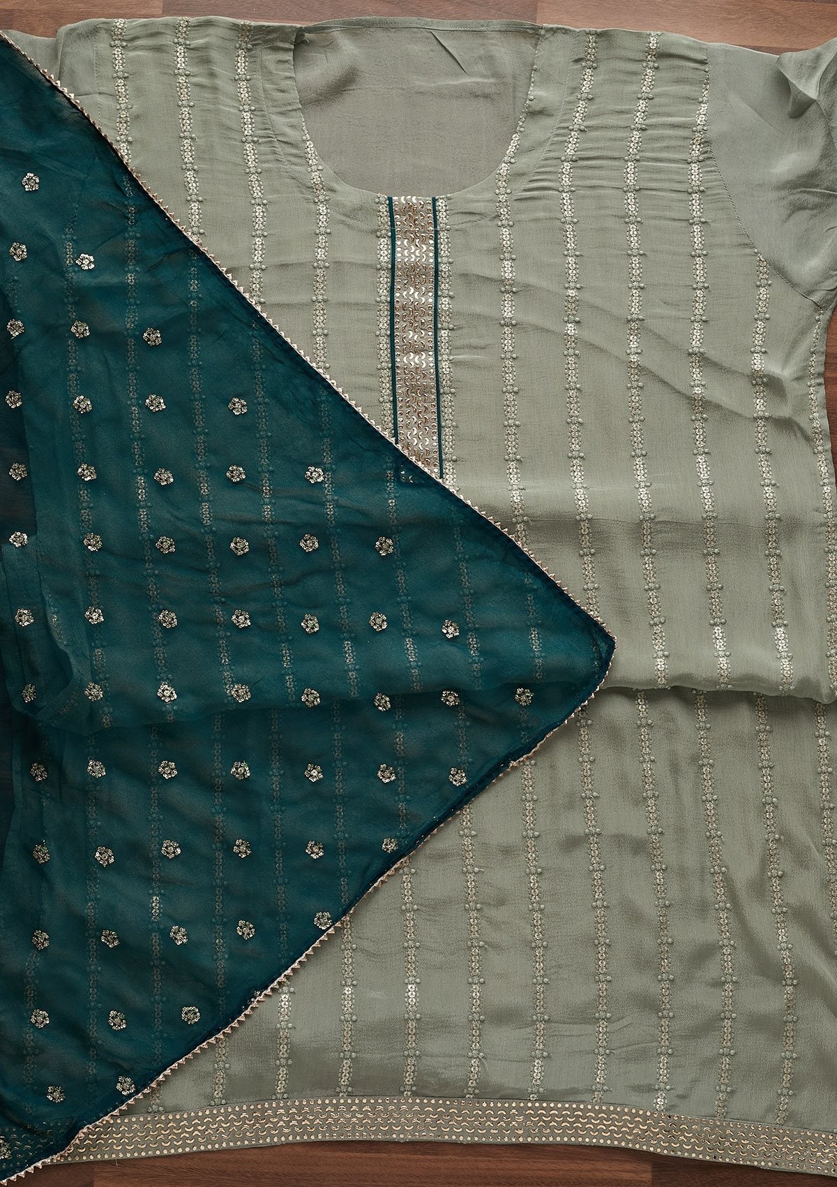 Light Grey Sequins Georgette Designer Unstitched Salwar Suit - Koskii