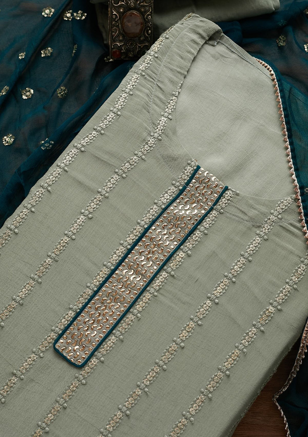 Light Grey Sequins Georgette Designer Unstitched Salwar Suit - Koskii