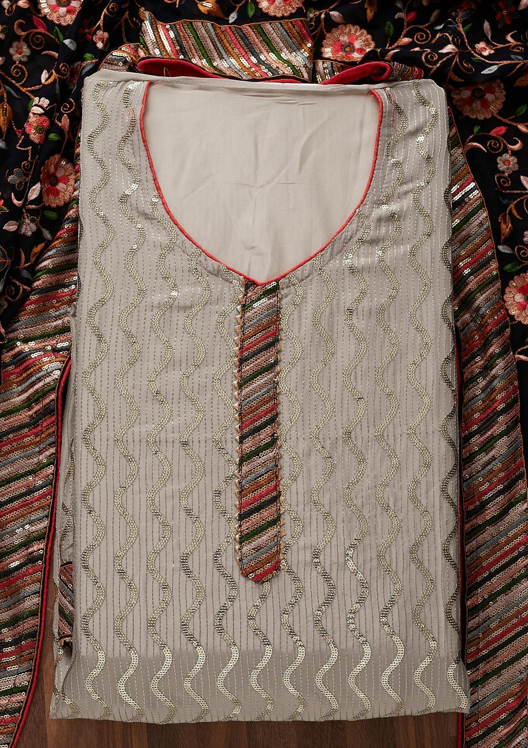 Light Grey Sequins Georgette Designer Unstitched Salwar Suit - Koskii