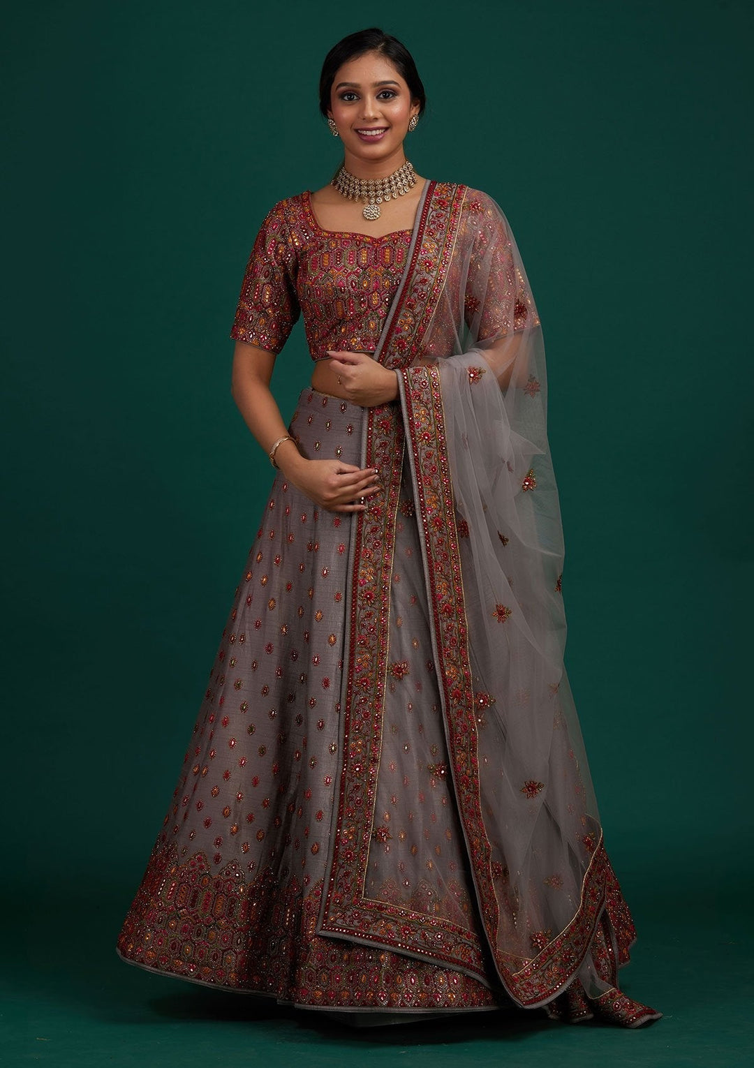 Light Grey Sequins Raw Silk Designer Lehenga - Koskii