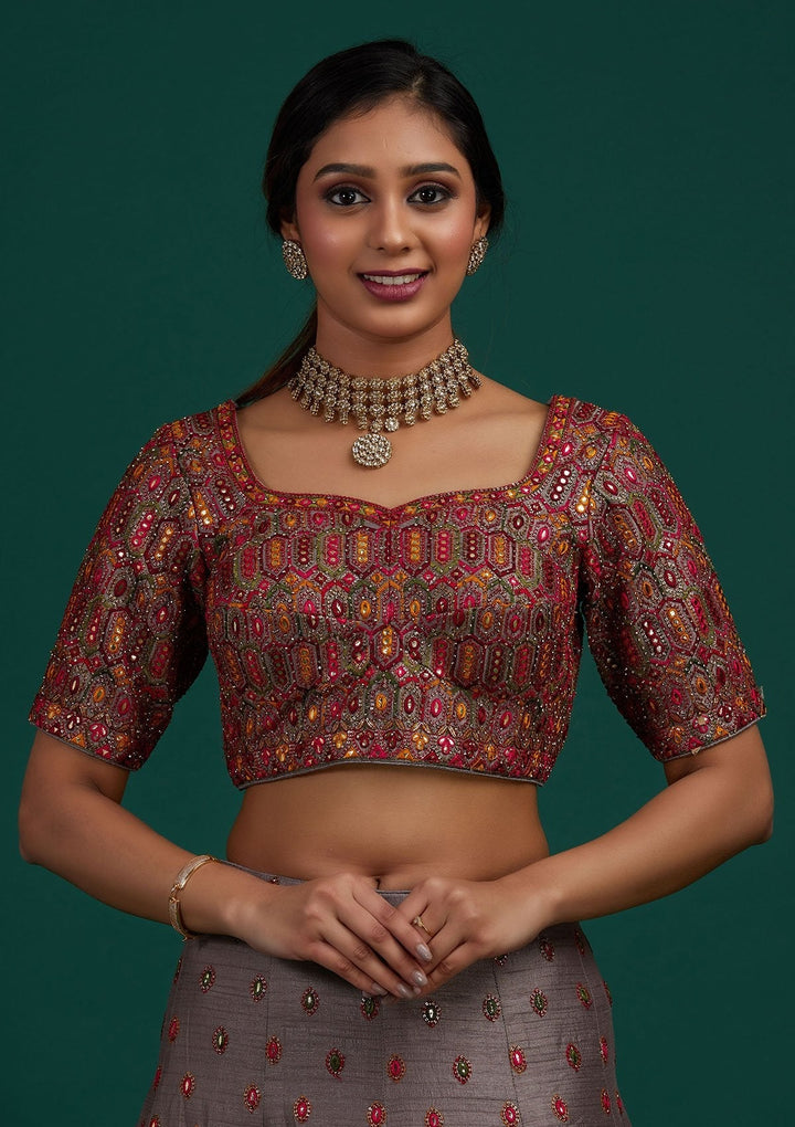 Light Grey Sequins Raw Silk Designer Lehenga - Koskii