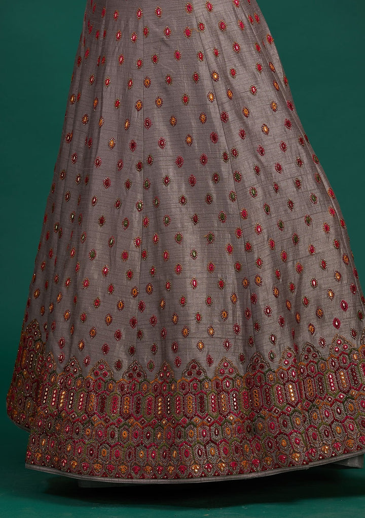 Light Grey Sequins Raw Silk Designer Lehenga - Koskii