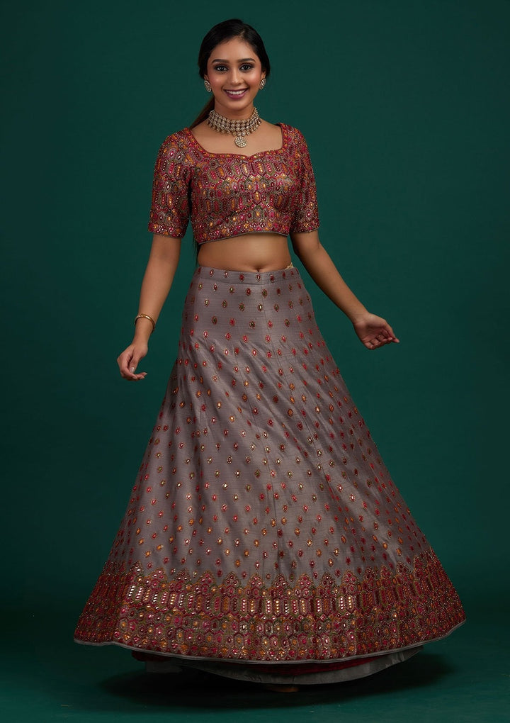 Light Grey Sequins Raw Silk Designer Lehenga - Koskii