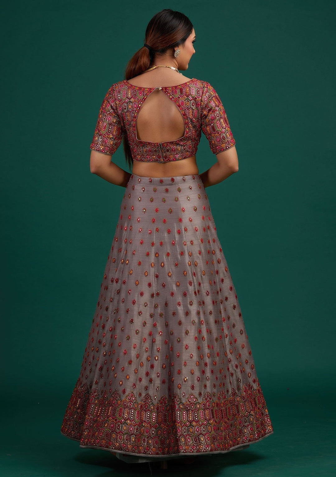 Light Grey Sequins Raw Silk Designer Lehenga - Koskii