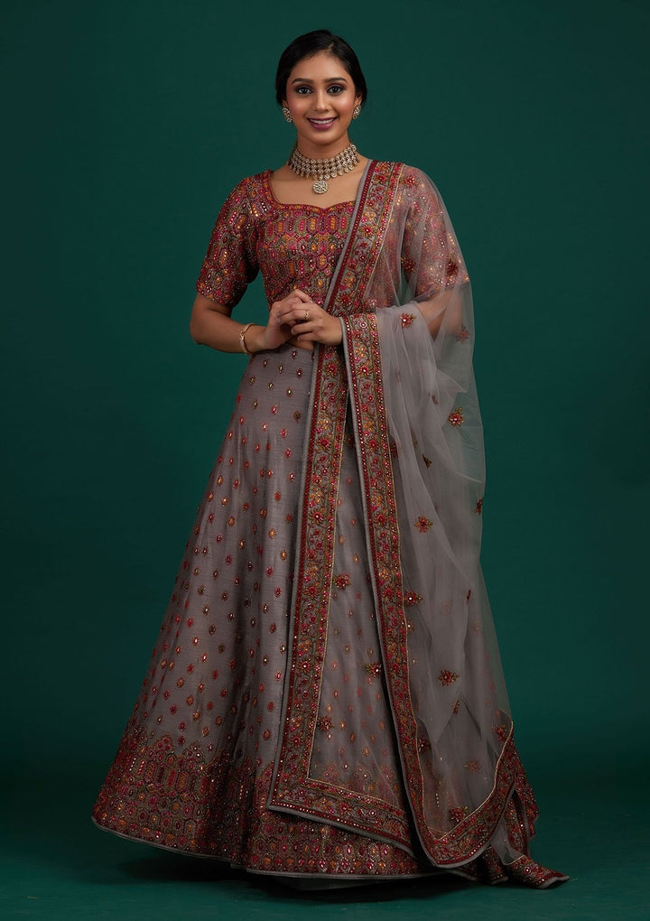 Light Grey Sequins Raw Silk Designer Lehenga - Koskii