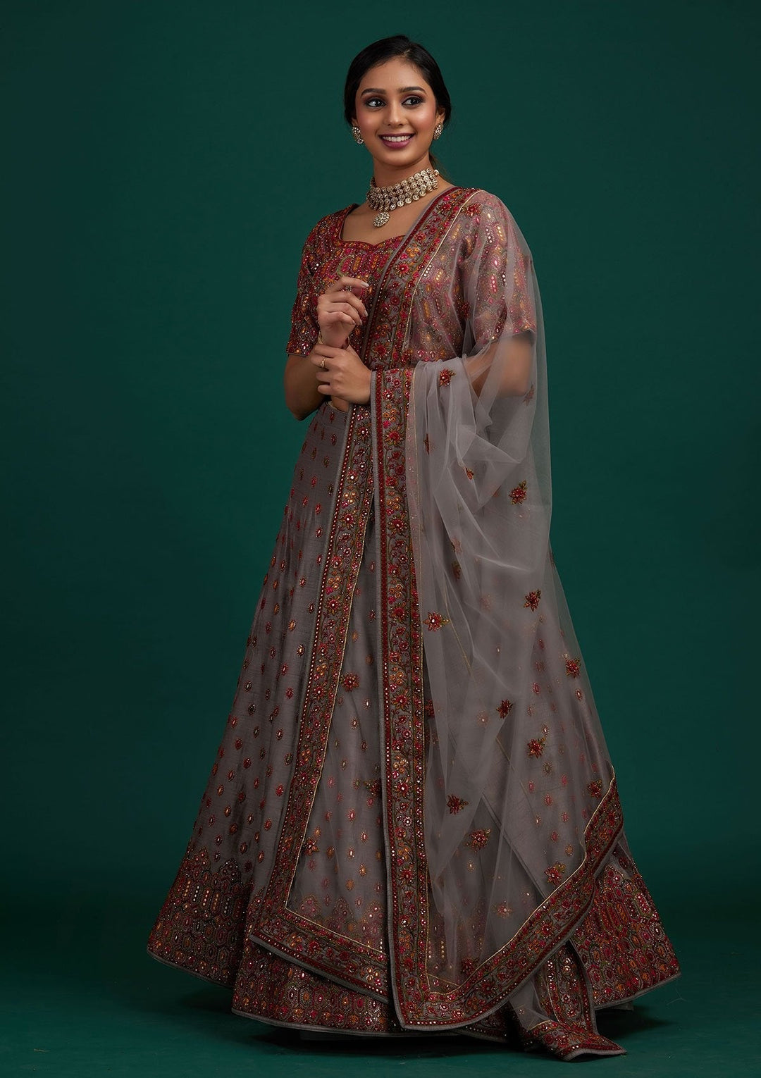 Light Grey Sequins Raw Silk Designer Lehenga - Koskii