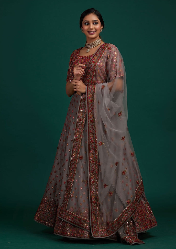 Light Grey Sequins Raw Silk Designer Lehenga - Koskii