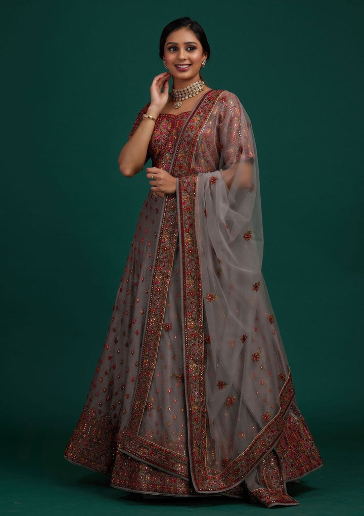 Light Grey Sequins Raw Silk Designer Lehenga - Koskii