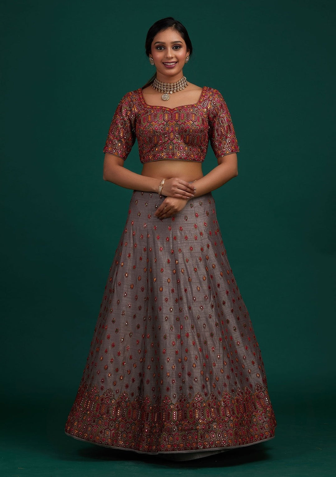 Light Grey Sequins Raw Silk Designer Lehenga - Koskii