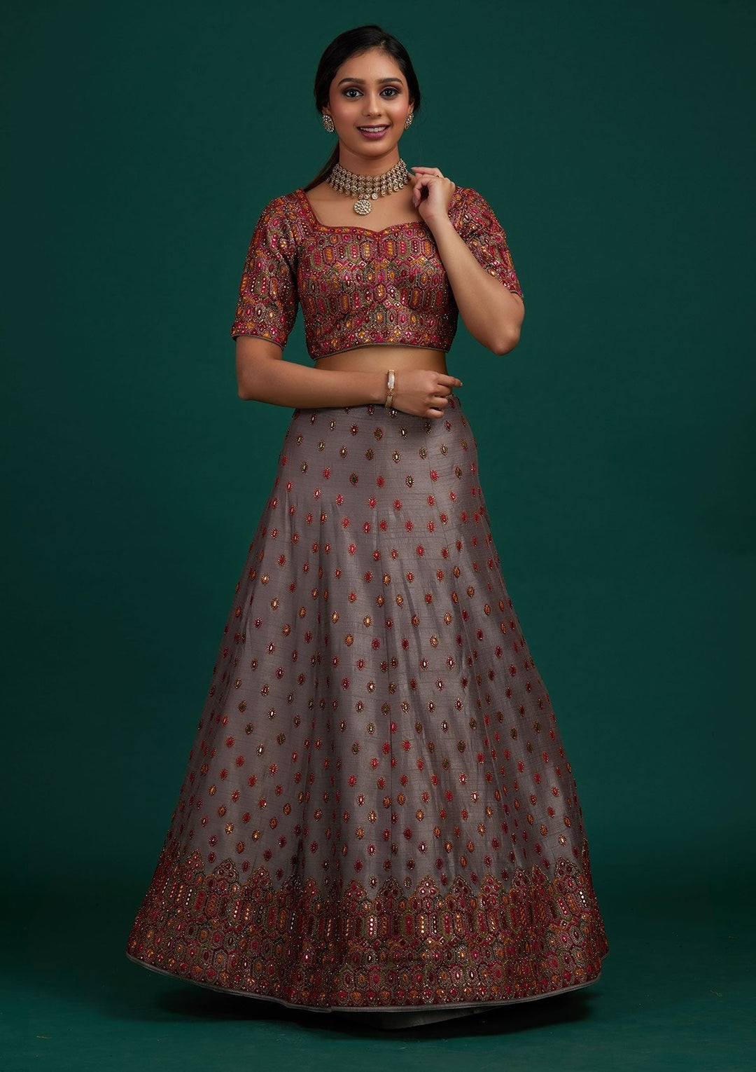 Light Grey Sequins Raw Silk Designer Lehenga - Koskii