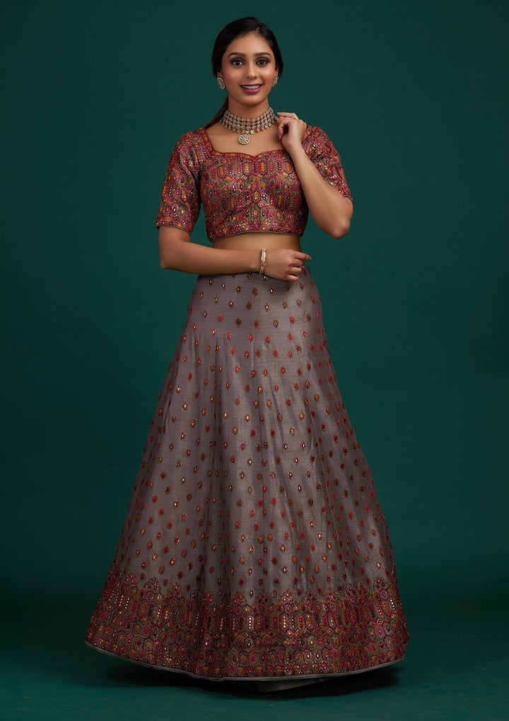 Light Grey Sequins Raw Silk Designer Lehenga - Koskii