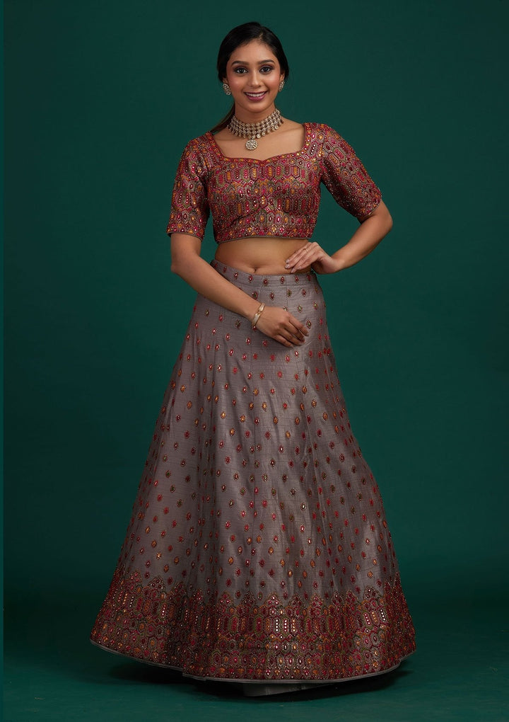Light Grey Sequins Raw Silk Designer Lehenga - Koskii