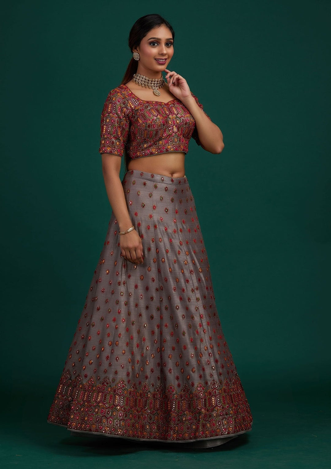 Light Grey Sequins Raw Silk Designer Lehenga - Koskii