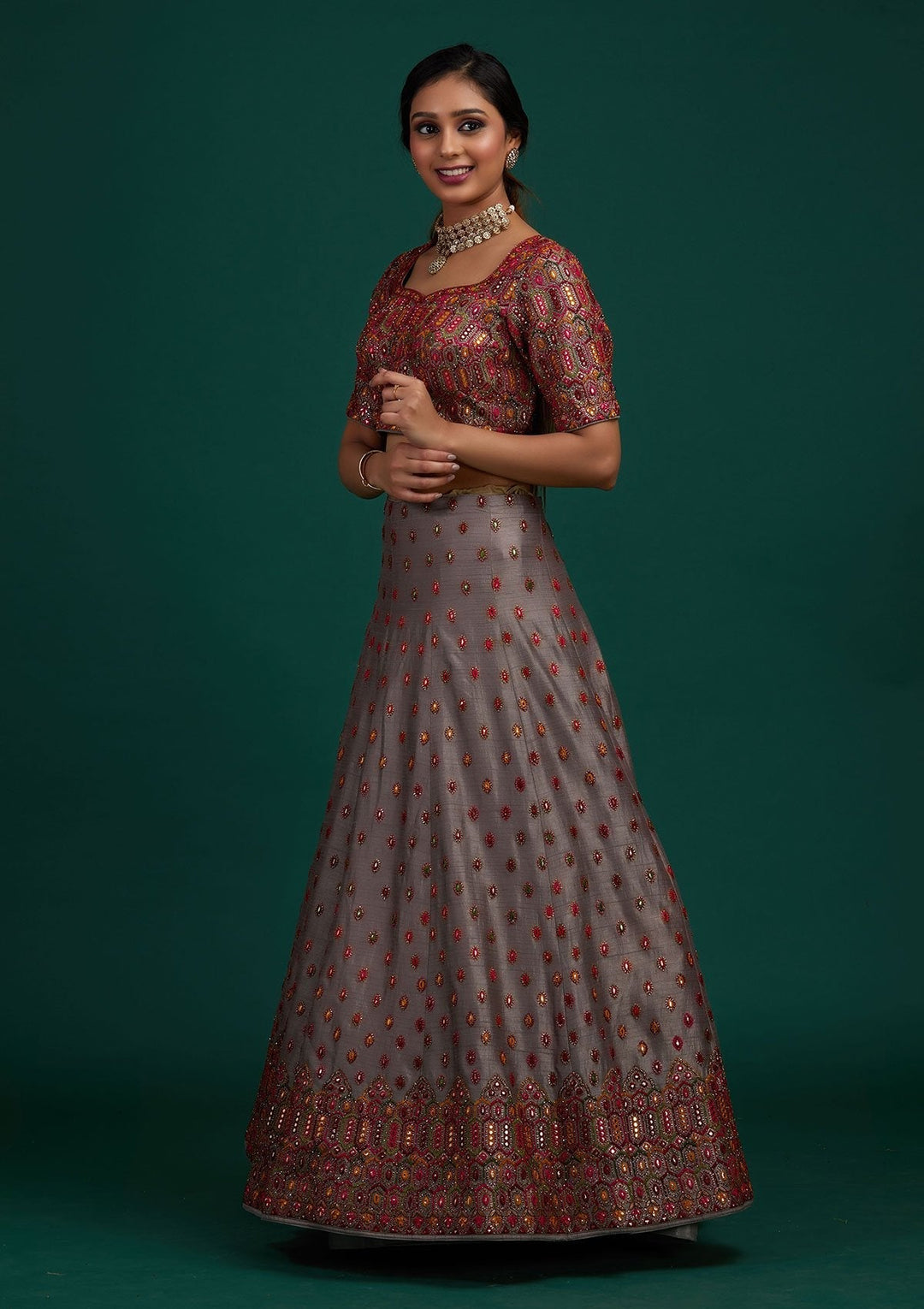 Light Grey Sequins Raw Silk Designer Lehenga - Koskii
