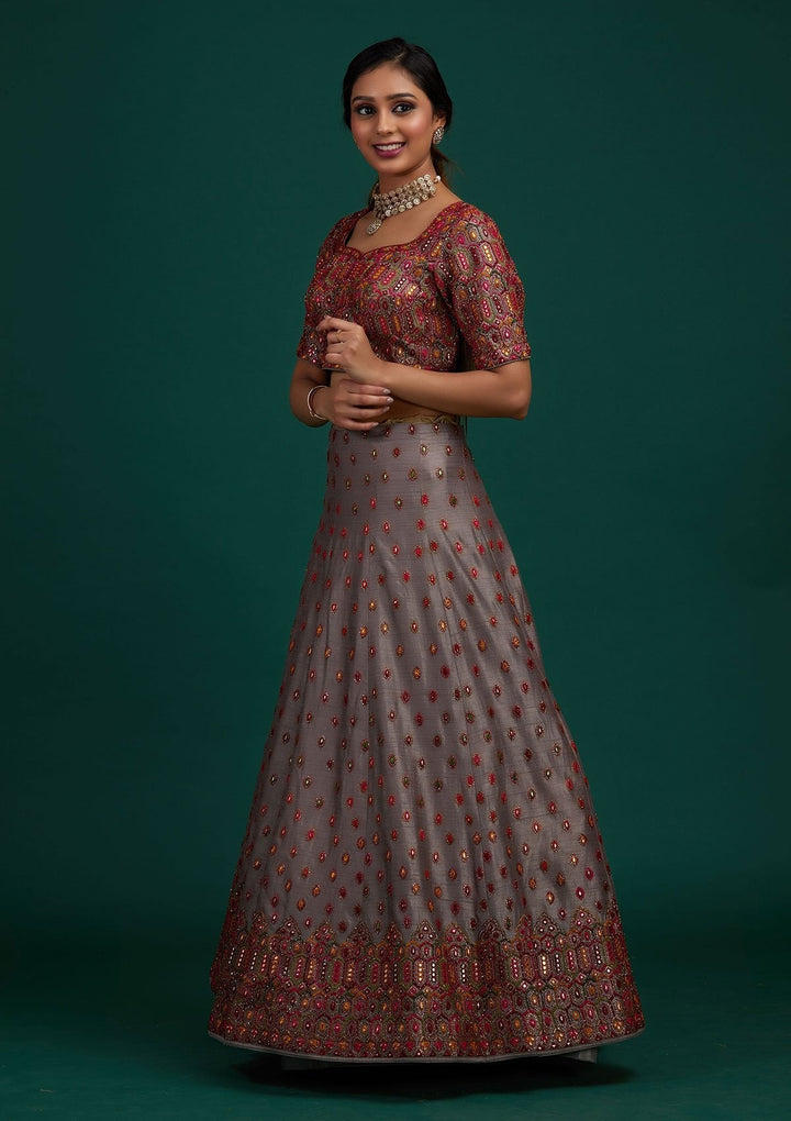 Light Grey Sequins Raw Silk Designer Lehenga - Koskii