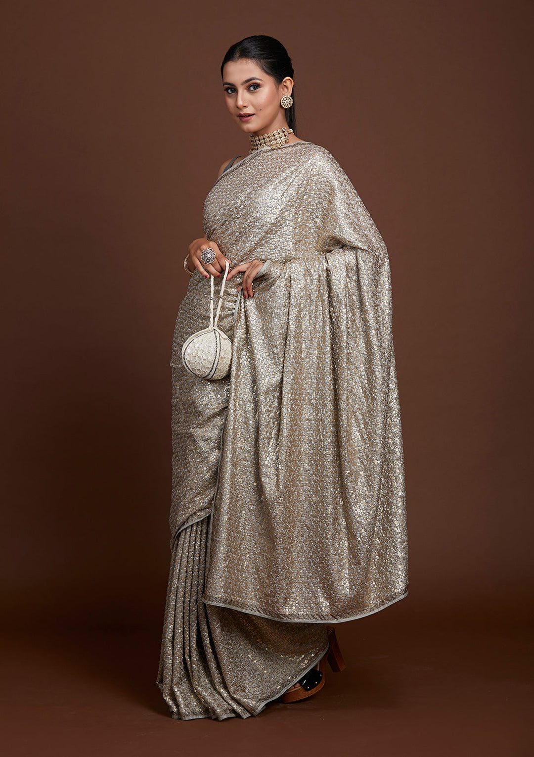 Light Grey Sequins Semi Crepe Saree-Koskii