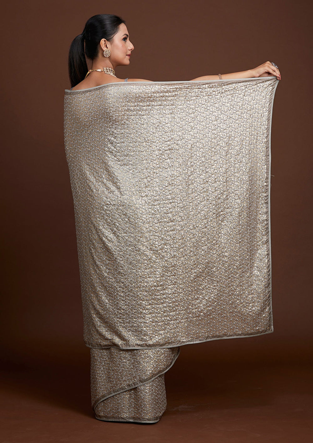 Light Grey Sequins Semi Crepe Saree-Koskii