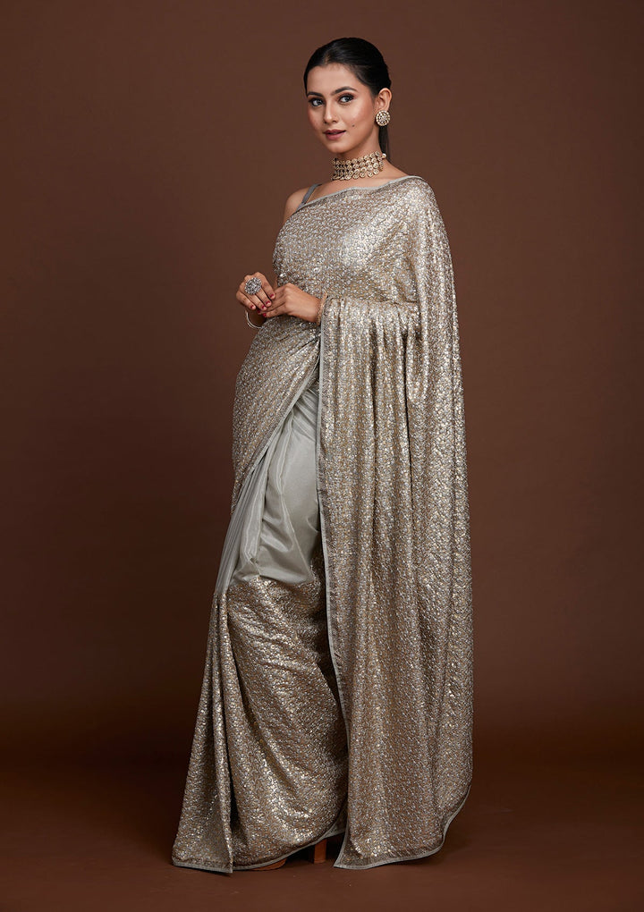 Light Grey Sequins Semi Crepe Saree-Koskii