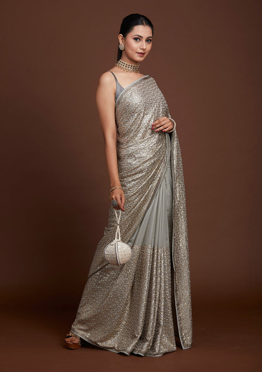 Light Grey Sequins Semi Crepe Saree-Koskii