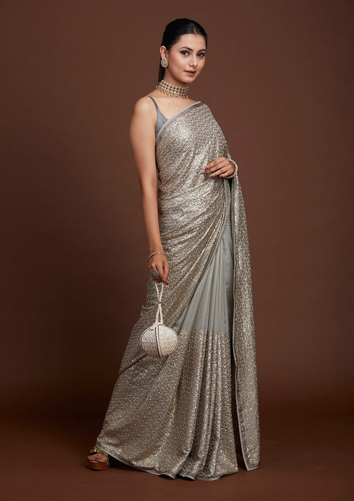 Light Grey Sequins Semi Crepe Saree-Koskii