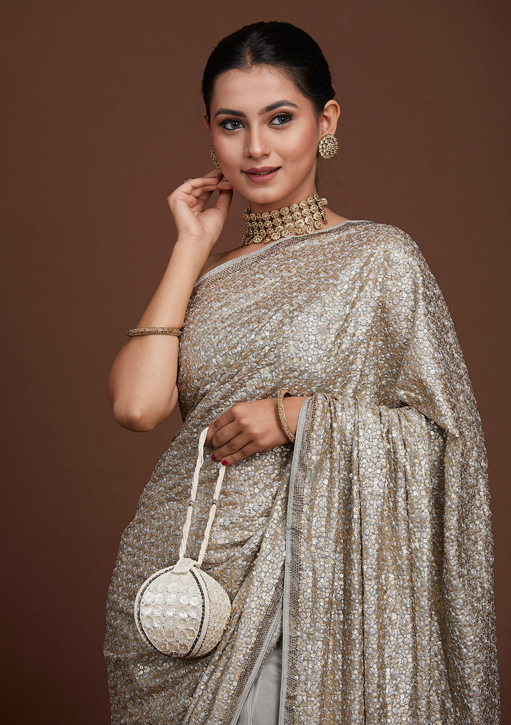 Light Grey Sequins Semi Crepe Saree-Koskii