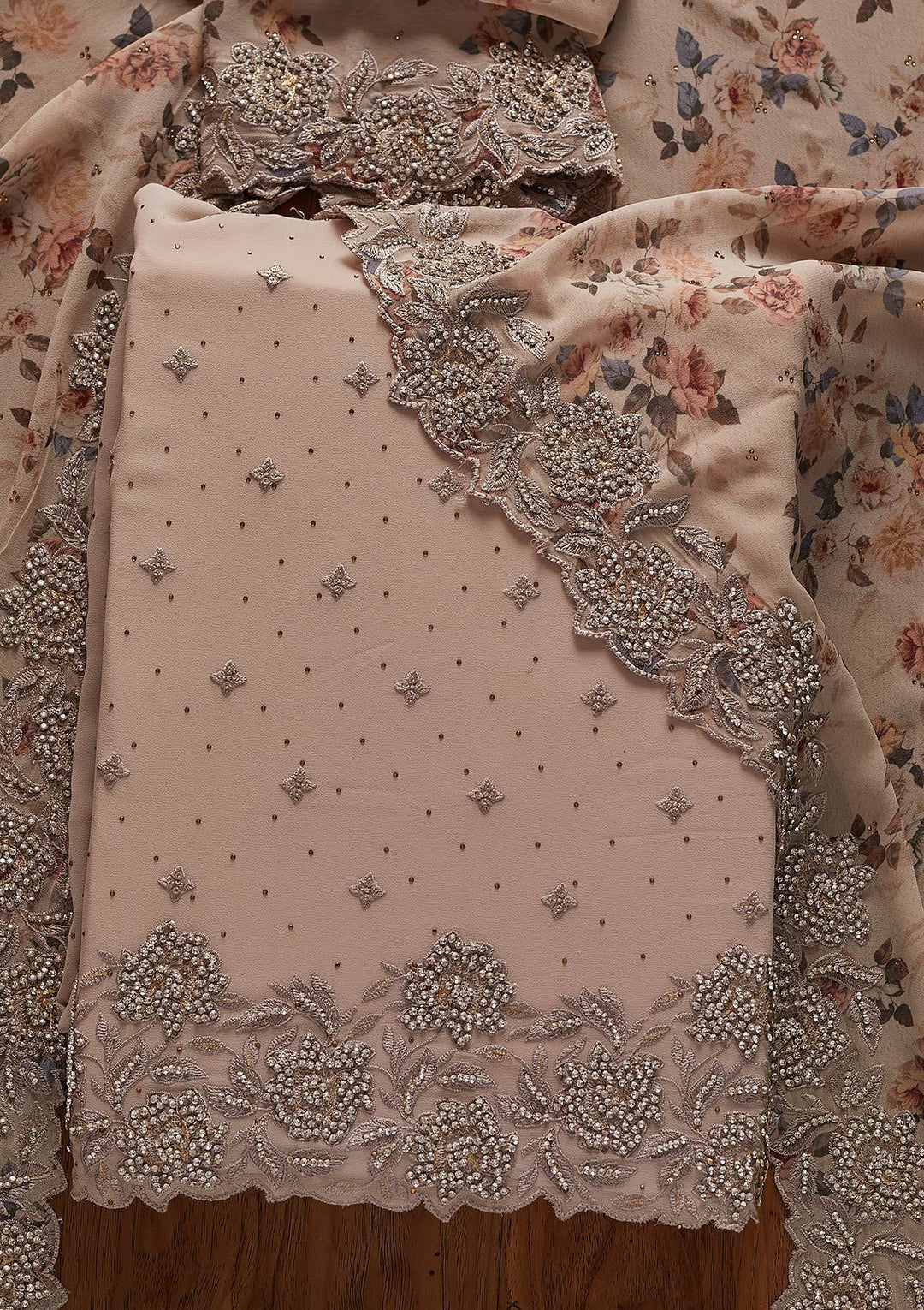 Light Grey Silver Stonework Georgette Designer Unstitched Salwar Suit - koskii