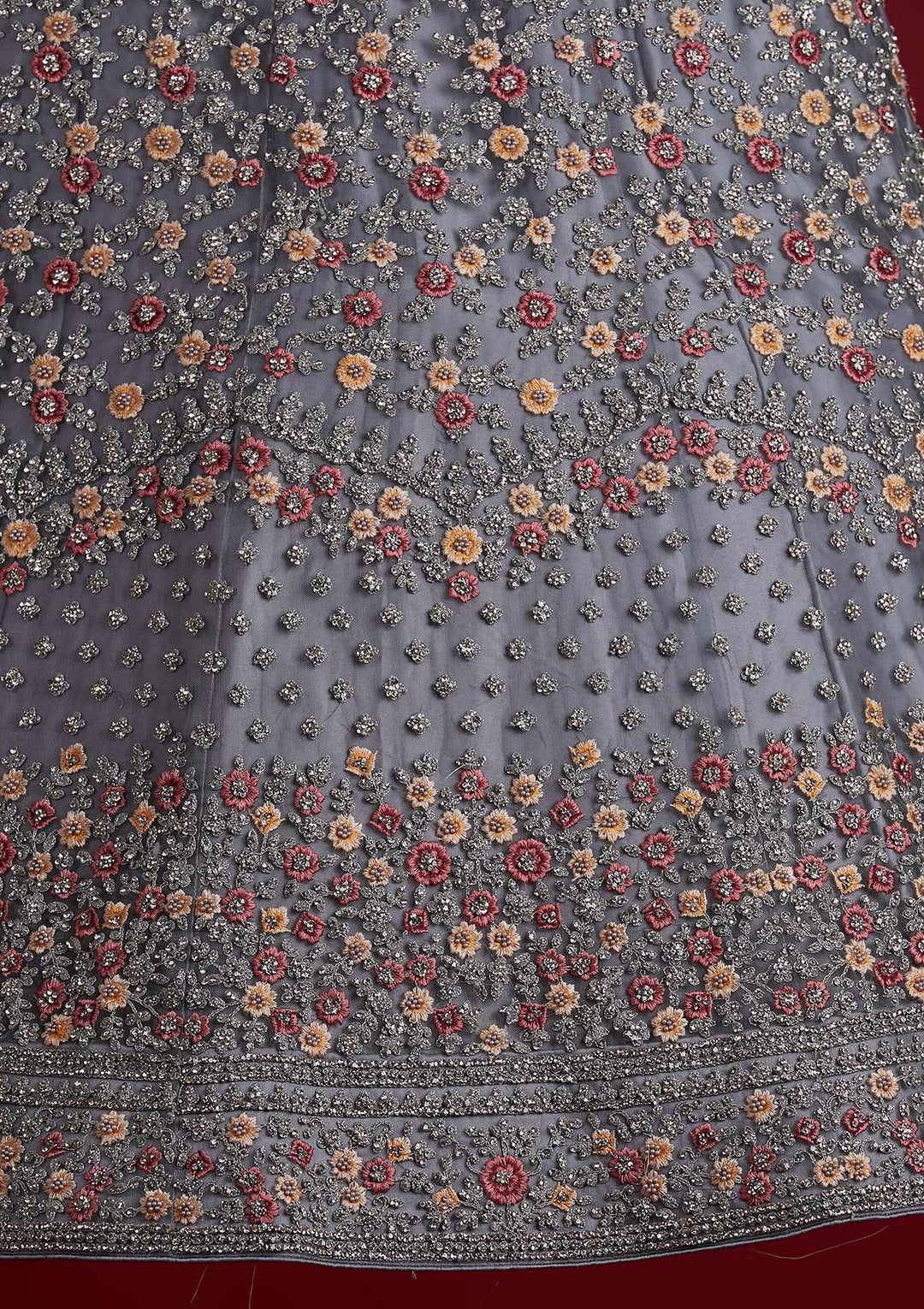 Light Grey Silver Stonework Net Designer Semi-Stitched Lehenga - koskii