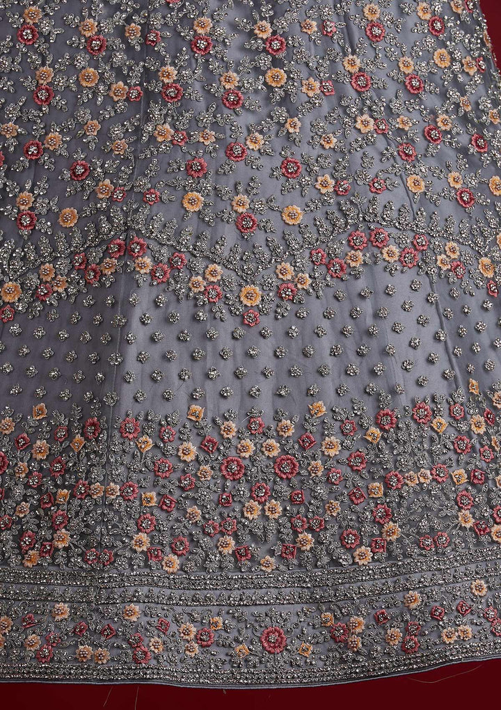 Light Grey Silver Stonework Net Designer Semi-Stitched Lehenga - koskii