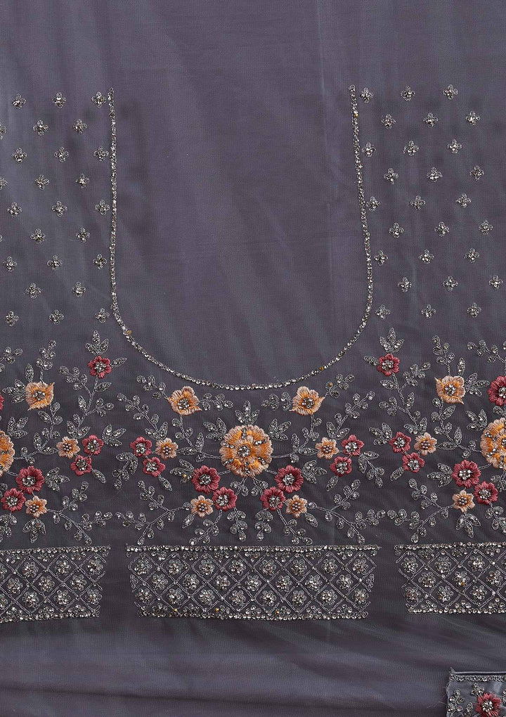 Light Grey Silver Stonework Net Designer Semi-Stitched Lehenga - koskii