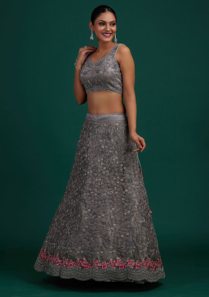 Light Grey Silver Stonework Net Designer Semi-Stitched Lehenga - Koskii