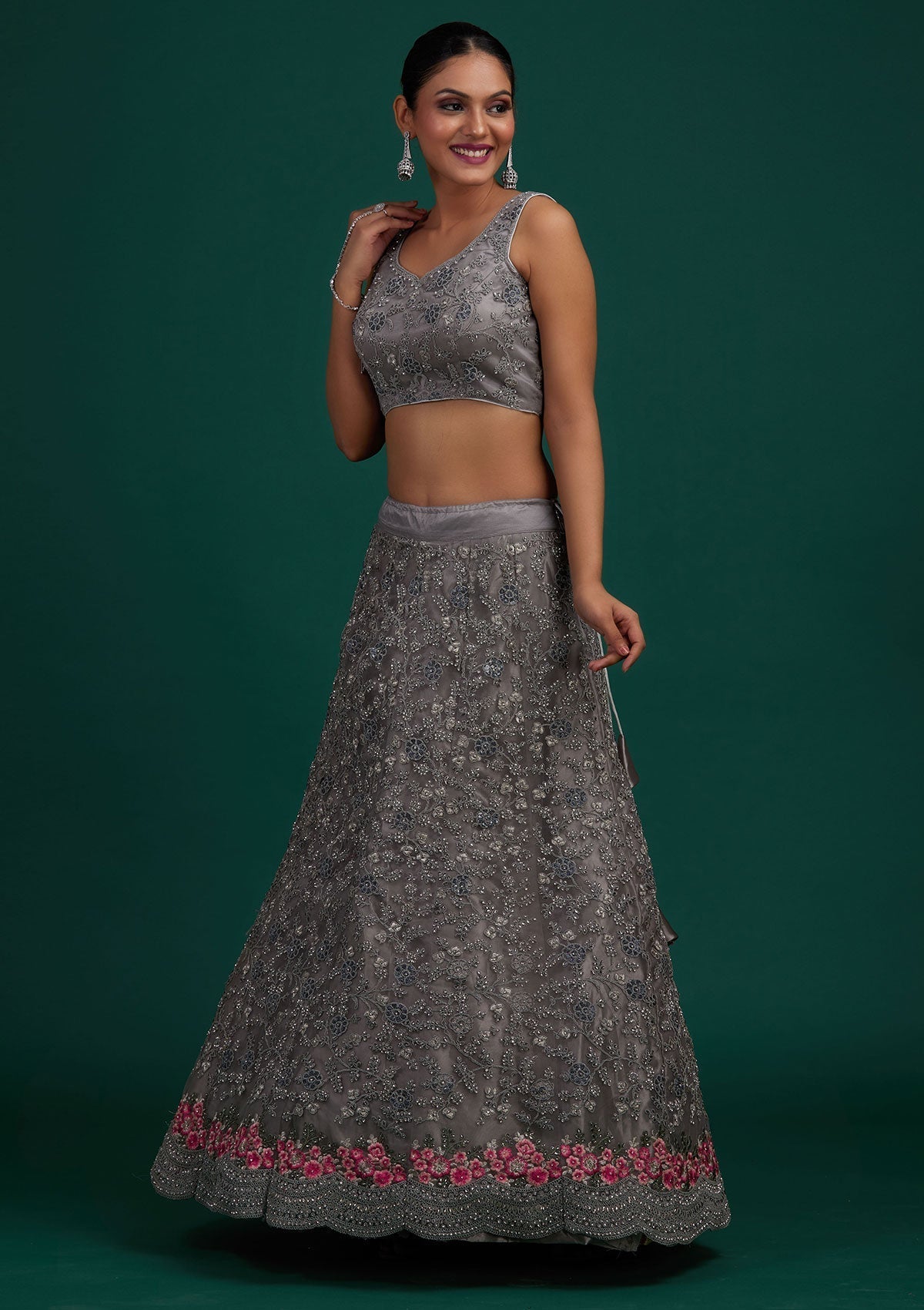 Light Grey Silver Stonework Net Designer Semi-Stitched Lehenga - Koskii