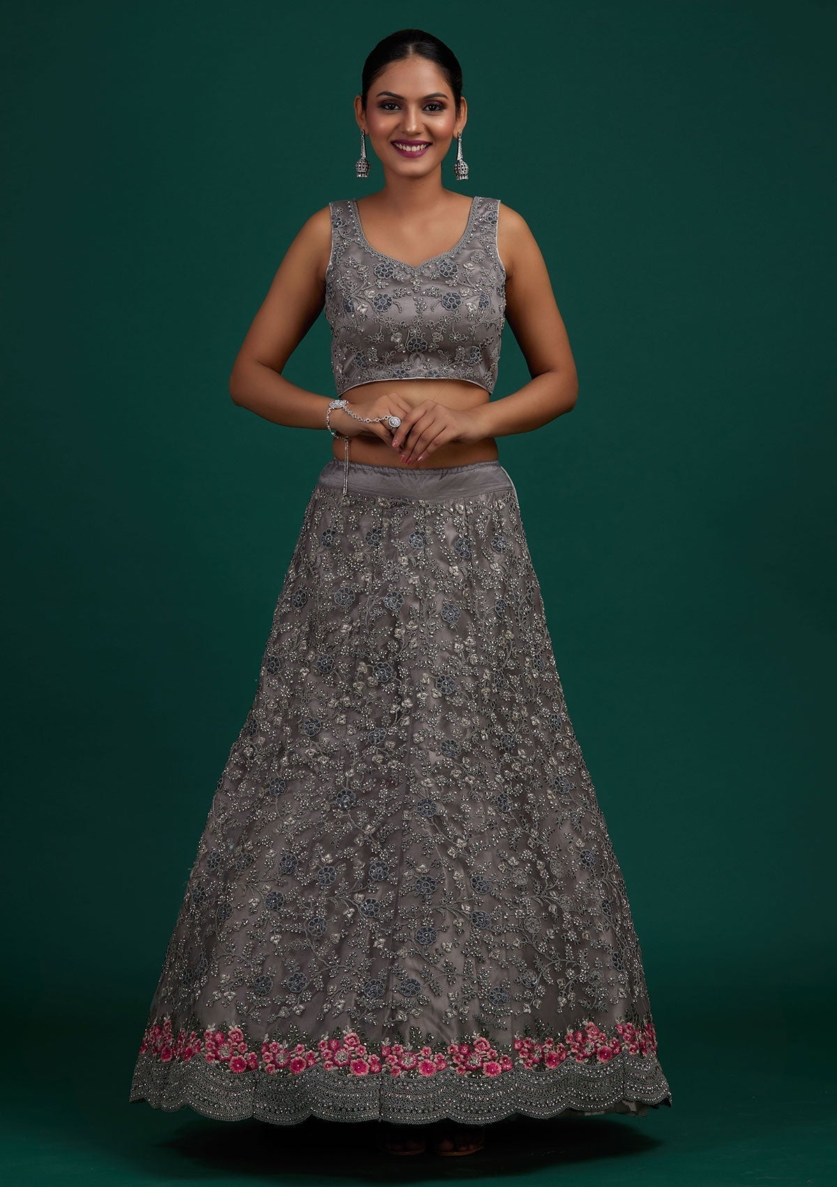 Light Grey Silver Stonework Net Designer Semi-Stitched Lehenga - Koskii