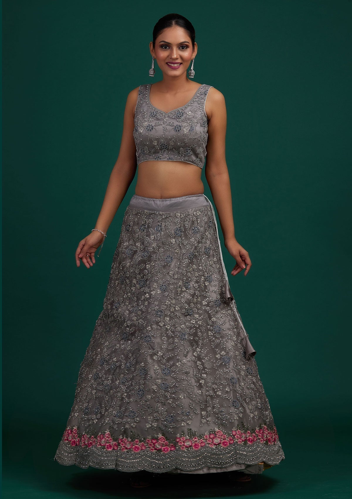 Light Grey Silver Stonework Net Designer Semi-Stitched Lehenga - Koskii